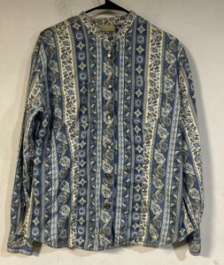 Liz Claiborne Women's Button Up Top Large Blue Brown Floral Boho Country Snaps - Picture 1 of 4