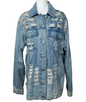 Chaqueta vaquera de moda AQUA con detalles de lentejuelas y perlas 100 % algodón para mujer S Foto 1 de 4