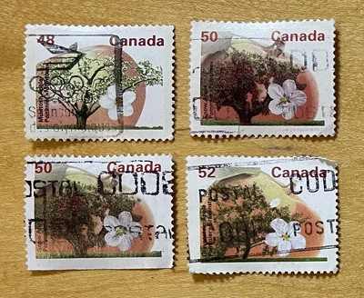 Lote de 4 selos postais do Canadá definitivos de árvore frutífera década de 1990’s - Imagem 1 de 2