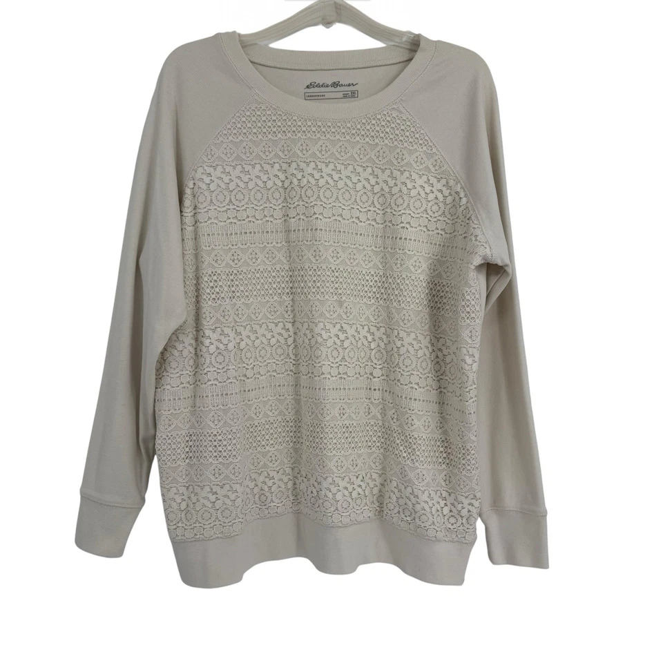 Sudadera para mujer Eddie Bauer talla 2X mezcla de algodón encaje frontal cuello redondo marfil Foto 1 de 4