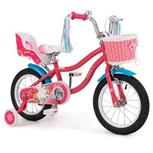 14 Inch Kids Bike w/ Basket Doll Seat & Colorful Streamers 2 Training Wheels - Picture 1 of 10