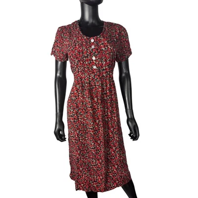 JBS LTD Red Floral Midi Dress Short Sleeve Button Front Vintage Cottagecore - Image 1 of 4