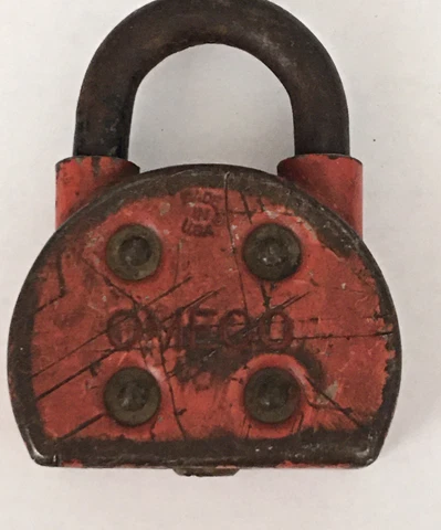 1-Lock/Padlock, Antique, Iron Or Steel, Red Paint, Omeco, Used Cover