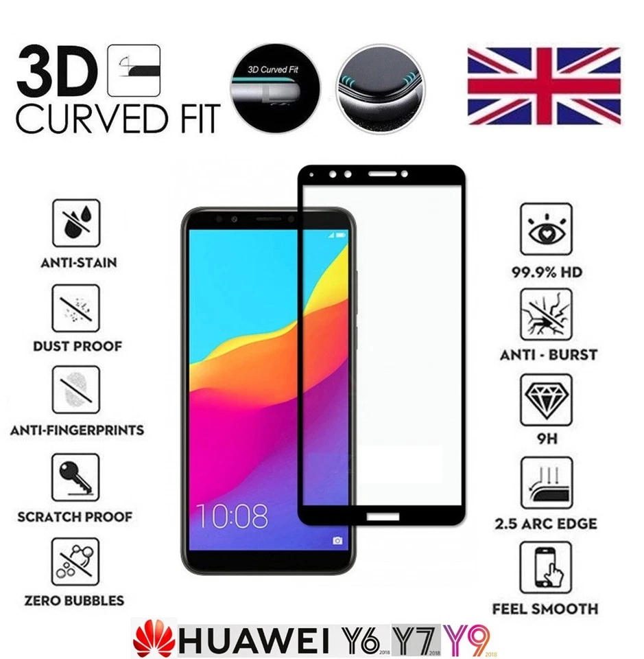 Protector de pantalla 9H de vidrio templado 3D completo genuino para Huawei Y9 Y7 Y6 (2018) Foto 1 de 1