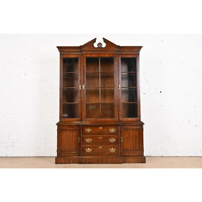 Drexel Heritage Georgian Carved Mahogany Lighted Breakfront Bookcase Cabinet - Image 1 of 4
