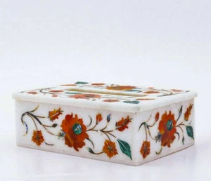 6" x 4" Marble Tissue / Napkin Box Semi precious Stones Handmade Decor - Picture 1 of 3