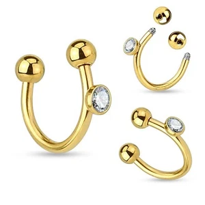 Horseshoe Ear Eyebrow Lip 16 Gauge 5/16" Side 3mm Clear Gem Gold IP SET of 2 - Picture 1 of 4
