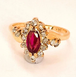 Unheated Ruby Diamond Ring 14K Gold Engagement Ring Marquise Ruby Anniversary - Picture 1 of 6