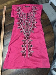 Egyptian Hand Sewn Pink Embroidered Dress Never Worn Flower Cotton Medium - Picture 1 of 6