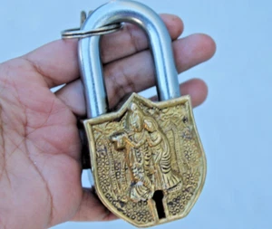 Old rare Padlock Radha Krishna fully working lock mid century modern Heavy Brass - Picture 1 of 10