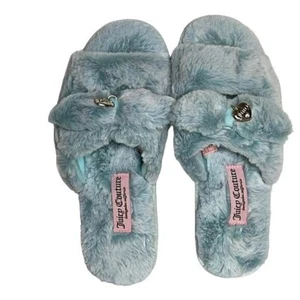 Juicy Couture blaue flauschige Hausschuhe mit Herzanhänger, Größe Damen 11, hervorragender Zustand - Bild 1 von 8