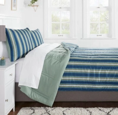Room Essentials Reversible Microfiber Comforter size Full/Queen Navy Blue/Stripe - Image 1 of 4