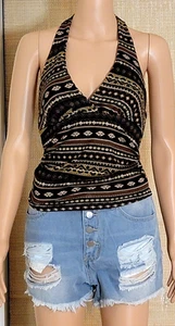 Romwe Retro Hippie Style Brown & Yellow Multicolor Halter Top Size L (8/10) - Picture 1 of 10