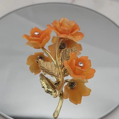 Orange Rose Flower Brooch Pin Rhinestone Gold Tone Costume Jewelry Resin Lucite - Image 1 of 4