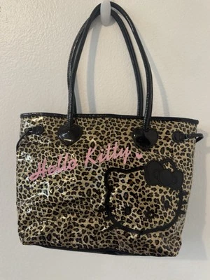Sanrio Hello Kitty Leopard Print Tote Bag Black Handles Vinyl Purse 2013 - Image 1 of 4