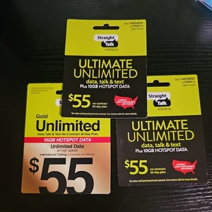 3 cartes de recharge Straight Talk plan or illimité 30 jours 55 $ recharge rapide MAINTENANT - Photo 1 sur 2