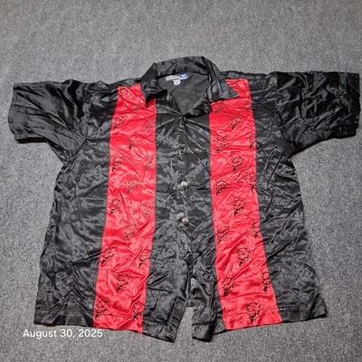 Camisa de seda vintage Trac Edwards talla grande negra y roja bordada diablo Foto 1 de 4