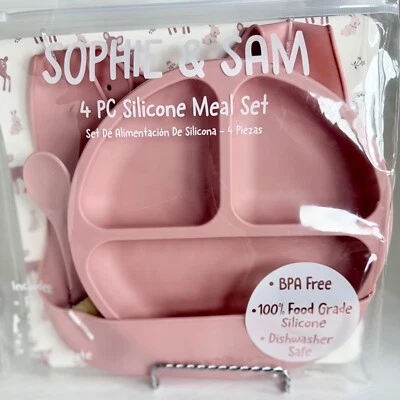 Vajilla de silicona sostenible sin BPA 4 piezas para bebé niño pequeño con placa de succión, rosa, 6M+ Foto 1 de 4