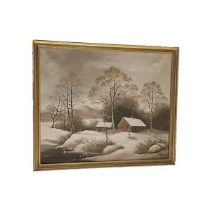 Pintura al óleo original vintage. Casa de campo en invierno, arte firmado enmarcado decoración de pared - Imagen 1 de 8