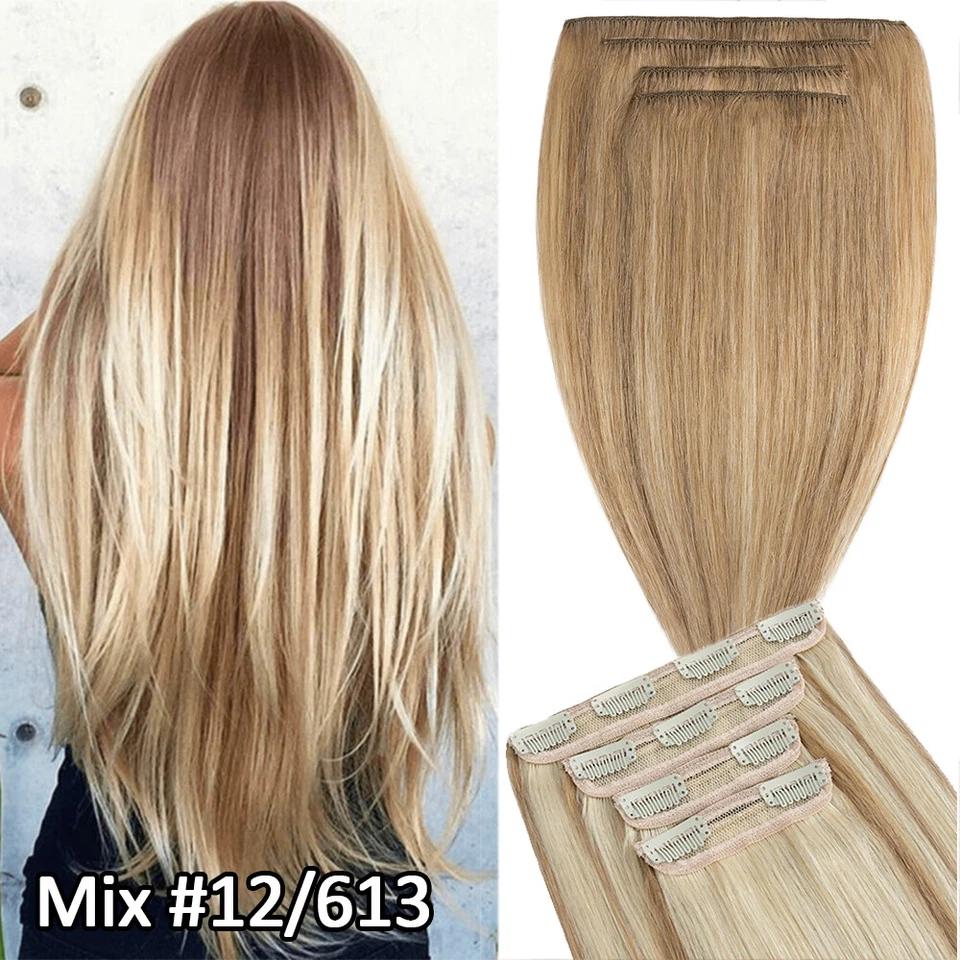 CLEARANCE 100% Human Hair Extensions Clip In Remy Real Hair 4 Pieces FuLL Head - Image 1 of 4