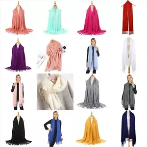 Women Scarf Pashmina Wool Thick Warm Plain Ladies Neck Shawl Head Wrap Scarves - Picture 1 of 83