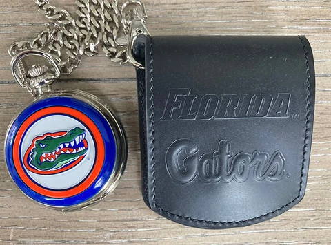 Danbury Mint NCAA Florida Gators Pocket Watch w/Chain & Leather Belt Pouch Cover