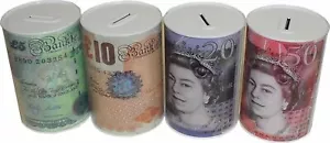 Money Box Tin £5 £10 £20 £50 Pound Note Design Kids Saving Cash PIggy Bank Box N - Picture 1 of 5