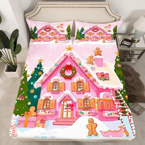 Dreamy Gingerbread House Fitted Sheet Queen 3 Pcs,Cartoon Christmas Trees Sno... - Picture 1 of 5