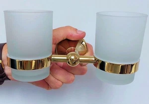 Golden Brass Wall Mount Bathroom Toothbrush Holder with 2 Frosted Glass Cups - Picture 1 of 3