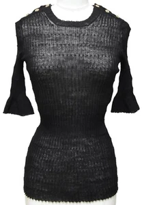 CHANEL Black Sweater Top Knit Short Sleeve CC Gold-Tone Logo Buttons Sz 34 2016 - Picture 1 of 7
