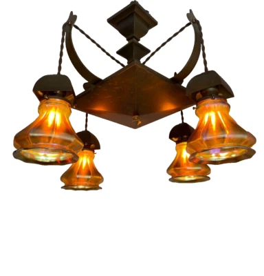 antique Arts & Crafts, Mission, simi- flush mount 1910's brass fixture - Image 1 of 4