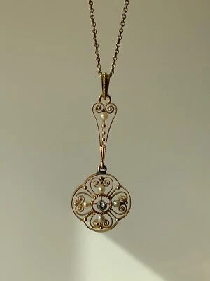 Antiker Anhänger mit Altschliff Diamant & Saatperlen, Gelbgold 585 um 1900 - Bild 1 von 4