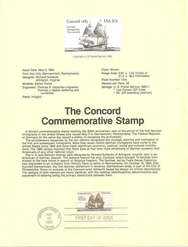 #8315 20c Concord Stamp - Scott #2040  USPS Souvenir Page - Image 1 of 1