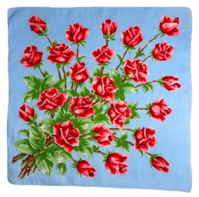  "PAÑUELO VINTAGE AZUL PÁLIDO CON RAMO ROSA Y ROJO ROSA 14""" Foto 1 de 4