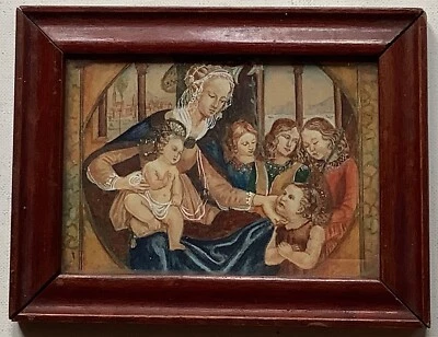 Cuadro pequeño gouache siglo XIX La Virgen y el Niño San Juan Bautista Ángel Foto 1 de 4