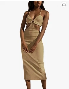 Women Sling Dress Sexy Deep V Neck Backless Maxi Party Cutout Beige Size large - Photo 1/8