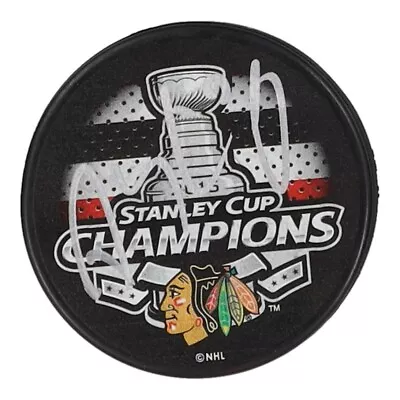 Patrick Sharp Signed Blackhawks 2015 Stanley Cup Champs Logo Hockey Puck PSA COA - Image 1 of 4