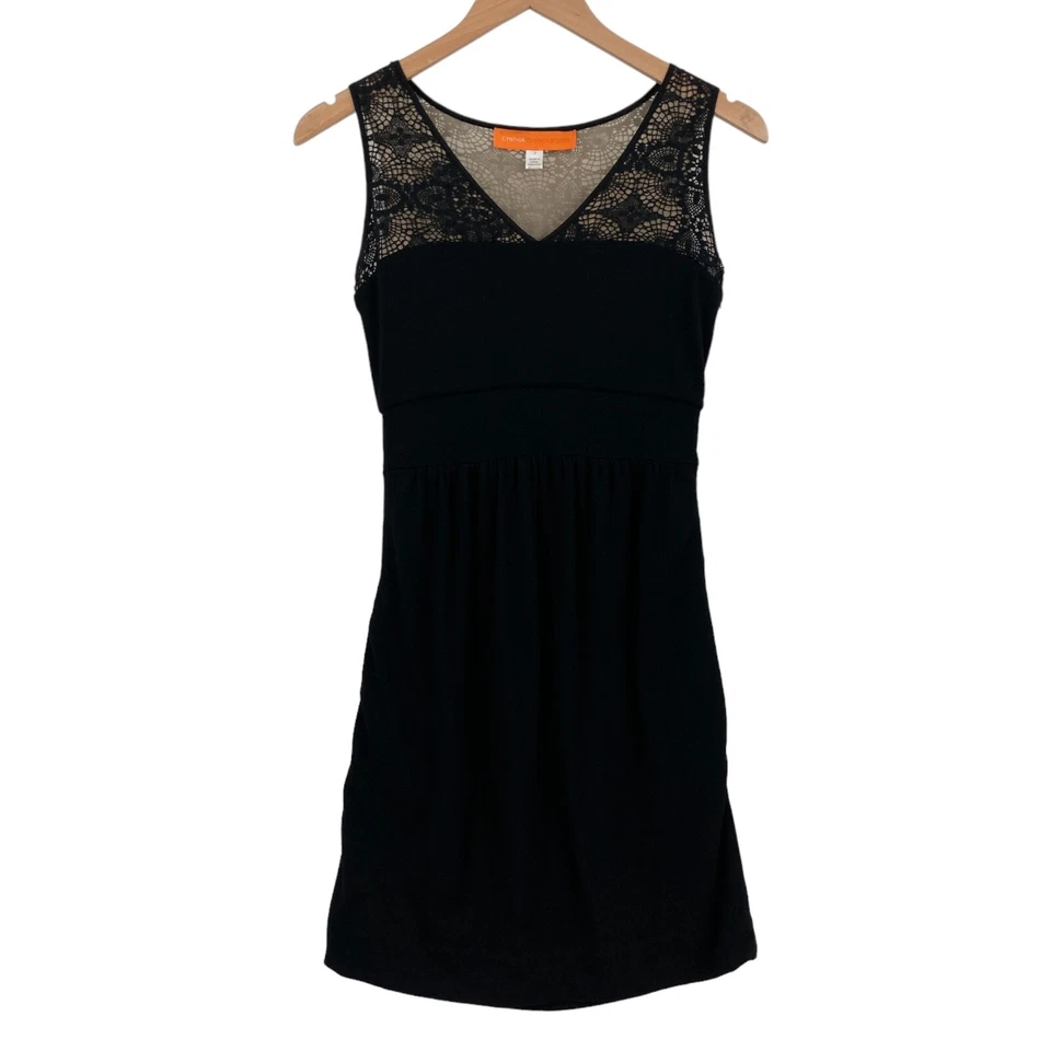 CYNTHIA STEFFE Sheath Dress Women Size 0 Black Pleated V Neck Lace Trim Side Zip - Image 1 of 4