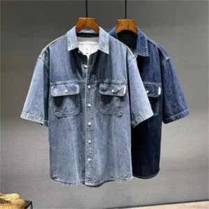 New Mens Denim Short-sleeved Shirt Retro Large Size Loose Casual Denim Tops - Picture 1 of 19