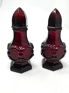 Avon 1876 Cape Cod Collection Ruby Red Glass Salt and Pepper Shakers Plastic Cap - Picture 1 of 4