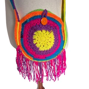 Crochet Purse Fringed Rainbow Colors Retro Hippie Style 9.5" Shoulder Strap 48" - Picture 1 of 5