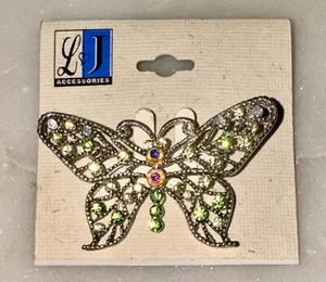 LJ Accessories Silver Tone Crystal Buttefly Rhinestone Brooch NEW on Card - Picture 1 of 5