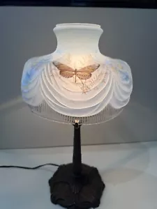Antique PLB & G Co. Bronze Lamp w/Coleman Blue Glass Butterfly & Flower Shade - Picture 1 of 9