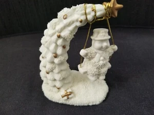 Ceramic Swinging Snowman Figurine on Bent Christmas Tree White Gold Trim 4.5" - Picture 1 of 9