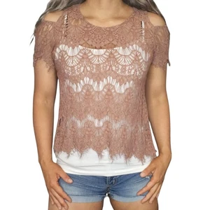 Camicia pizzo marrone donna media spalla fredda vedere attraverso boho uncinetto senza schiena - Foto 1 di 15