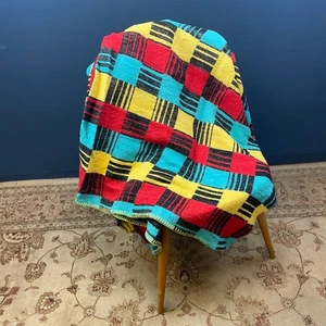 VINTAGE RETRO MID-CENTURY RED BLUE YELLOW CHECKED WOOL BLANKET RETRO CAMPERVAN - Picture 1 of 5