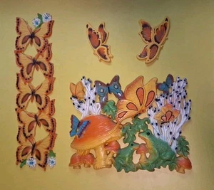 Vintage 1970s Butterfly Mushrooms Frog Trippy Hippie Wall Art Plaque 4 Piece Lot - Picture 1 of 10