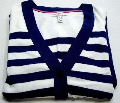 Cárdigan túnica Isaac Mizrahi Live botón único azul marino bolsillos a rayas para mujer Lg Foto 1 de 4