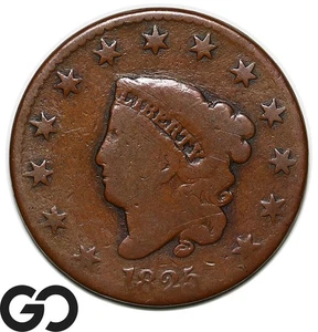 1825 Large Cent, Coronet Head, Scarce Early Date Copper - Picture 1 of 2