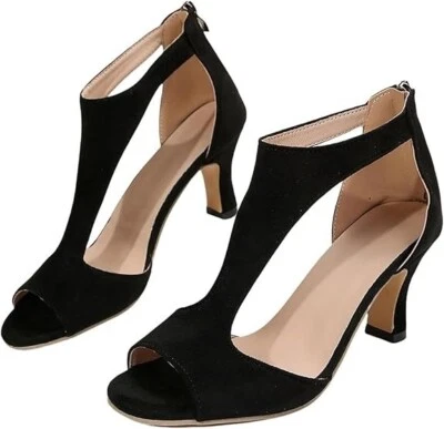 Women's black open toe mid heel sandals with zipper closure and cut out design. - Image 1 of 4